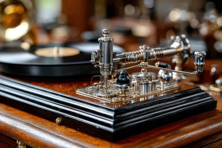 An antique phonograph with detailed mechanics and a classic record on display in a music museum setting.の写真素材
