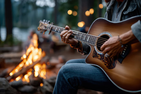 A person strums a guitar by a campfire surrounded by friends enjoying nature at night.の写真素材