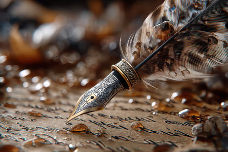 A quill pen rests gracefully on antique parchment filled with handwritten text, surrounded by ink droplets.の写真素材