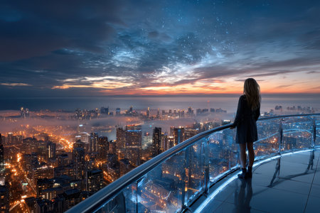 A woman stands on a balcony, gazing at a beautiful urban skyline during twilight with city lights shimmering.の写真素材