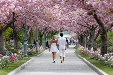 Two people stroll hand in hand beneath vibrant cherry blossoms in a lovely park.の写真素材