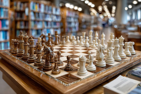 A detailed chess game setup in a library showcases wooden pieces and a checkered board amid bookshelves.の写真素材