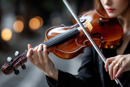 A skilled musician plays a violin on a city street, showcasing talent under soft evening lights.の写真素材