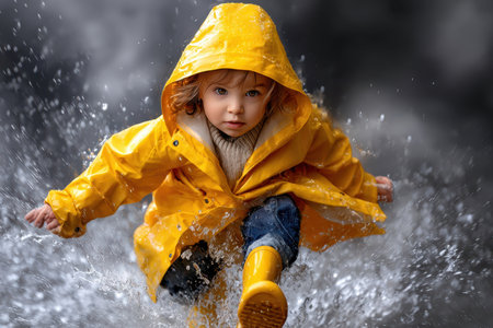 Young child joyfully splashes in puddles wearing a bright yellow raincoat during a rainy day.の写真素材