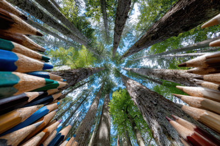 Colorful pencils create a circle at the base of tall, green trees, contrasting with the blue sky above.の写真素材