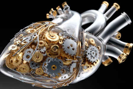 A mechanical heart with metallic gears and transparent elements, showing exquisite craftsmanship.の写真素材