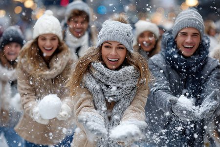 A group of friends celebrates winter by throwing snowballs at each other while laughing joyfully in the snow.の写真素材