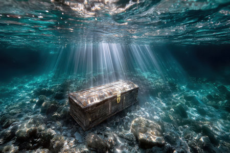 A surreal, underwater shot of a sunken ship, taken with a wide-angle lens, creating a sense of haunting beauty and forgotten history, with a single beam of sunlight illuminating a treasure chestの写真素材