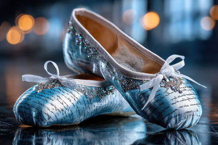 Decorated blue ballet shoes sit on a reflective surface, possibly a dance floorの写真素材