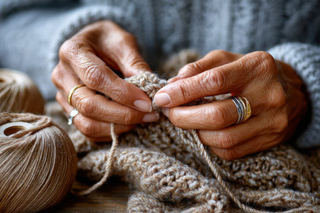 Closeup of hands working on a knitting project with yarnの写真素材