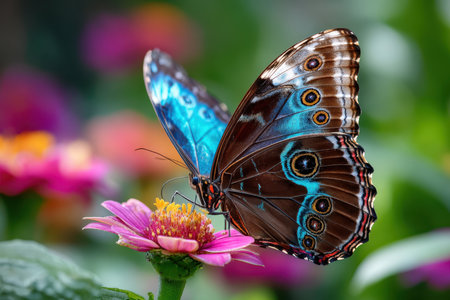 A blue morpho butterfly rests on a pink zinnia flowerの写真素材