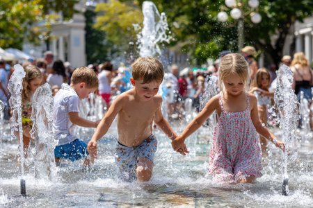 Two children splash in the fountain while holding hands, enjoying a hot summer day in a lively public space.の写真素材