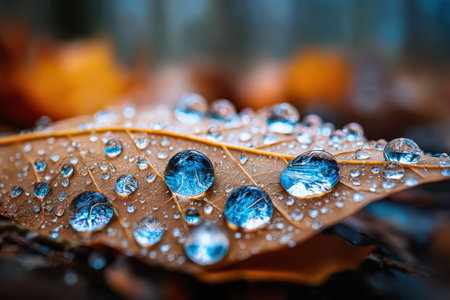 A close-up of a dew-covered leaf in a forest at sunrise, shot with a macro lens, reflecting the beauty and freshness of natureの写真素材