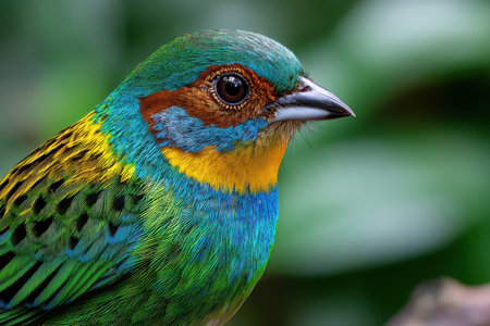 Closeup profile view of a colorful bird against a green backdropの写真素材