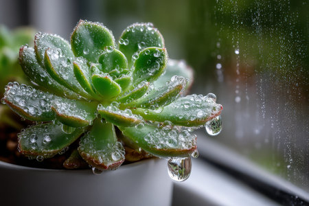 A green succulent plant covered in raindrops sits on a windowsillの写真素材