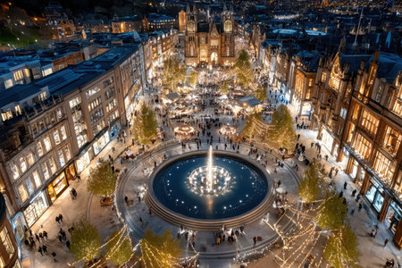 Elevated view of city square with Christmas market and fountain at nightの写真素材