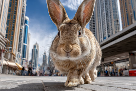 A curious rabbit roams through a lively urban area surrounded by tall buildings and people.の写真素材