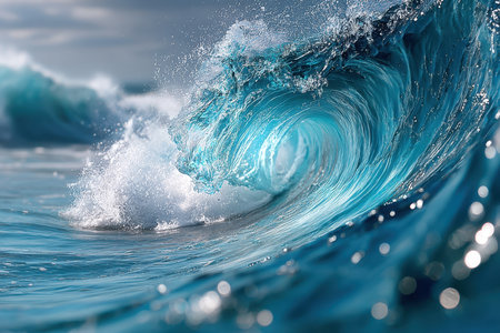 A powerful turquoise ocean wave curls and breaks under a cloudy skyの写真素材