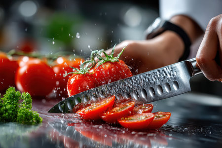A chef slices fresh, ripe tomatoes with a sharp knife on a stainless steel surface Water droplets splash around the tomatoes and knife, adding a dynamic element to the imageの写真素材