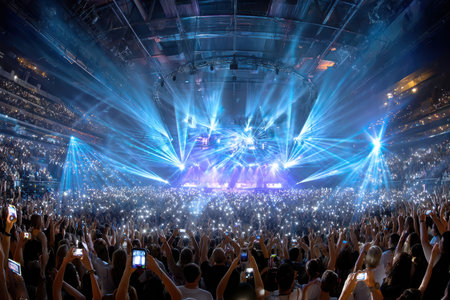 A large crowd holds up cell phones at a concertの写真素材
