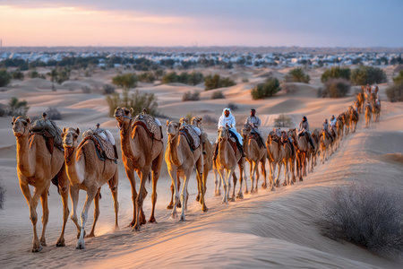 A caravan of camels walks across desert dunes at sunsetの写真素材