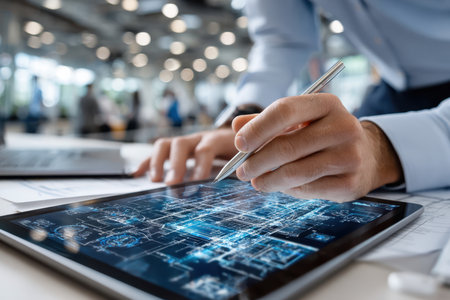 An engineer reviews holographic blueprints on a tablet in a modern officeの写真素材