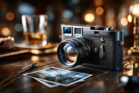 A vintage camera, in a photographer's studio, evoking a nostalgic mood, under soft, directional lighting, shot with a mirrorless camera, with a mysterious photograph emerging from itの写真素材