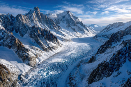 An aerial view of a snowy, icy glacier between snowcapped mountainsの写真素材