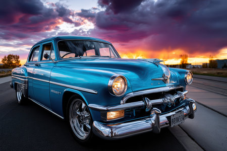 A shiny, vintage blue car is parked on a road at sunsetの写真素材