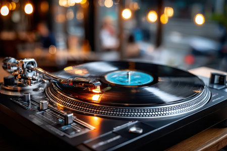A vinyl record spins on a turntable in a dimly lit cafeの写真素材