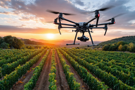 A drone with a camera hovers over rows of grapevines in a vineyard at sunsetの写真素材