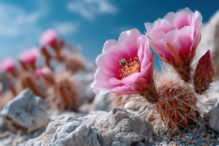 Pink cactus flowers blooming in the desert sunlightの写真素材