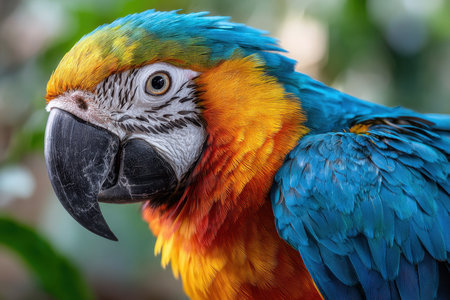 Close up of a colorful macaw parrot with bright blue, orange, and yellow feathersの写真素材