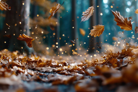 Falling autumn leaves in a forest with a magical glowの写真素材