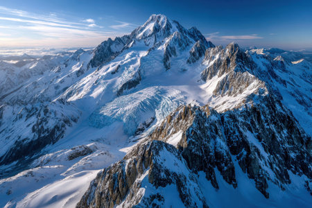 An aerial view of a snowcapped mountain range and glacierの写真素材