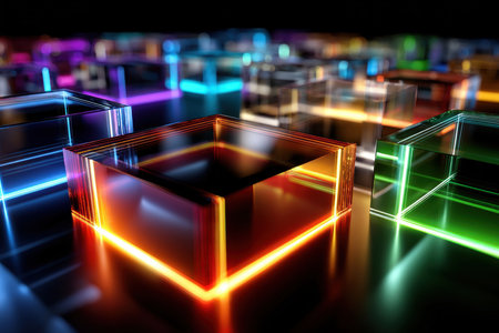 Colorful neon lit glass cubes on a dark reflective surfaceの写真素材