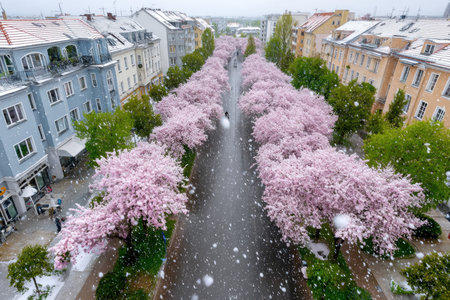 Snow falls on a city street lined with cherry blossom treesの写真素材