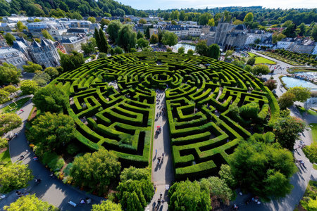 An aerial view of a large circular hedge maze in a park settingの写真素材