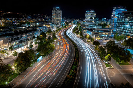 A long exposure photo of a city highway at night with light trails from carsの写真素材