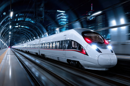 A high-speed train speeds through a modern, illuminated tunnel at nightの写真素材