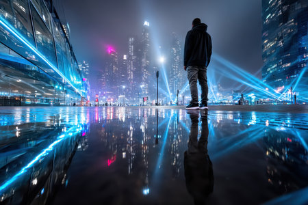 A person stands in a puddle, reflecting the futuristic city lights at nightの写真素材