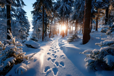A snowy forest path with golden sunlight through the treesの写真素材