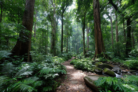 A tranquil path winds through a lush green forest alongside a small streamの写真素材
