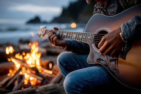A person plays guitar while sitting by a campfire on the beach, surrounded by nature during sunset.の写真素材