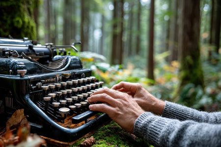 Hands gently tapping keys on an old typewriter while nestled among lush greenery in a tranquil forest.の写真素材