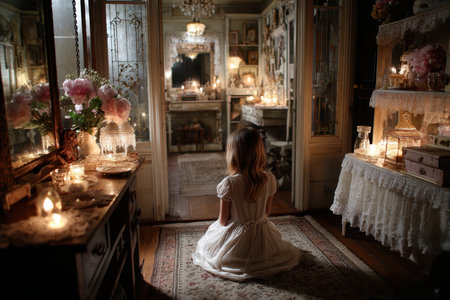A girl in a white dress sits cross-legged in a softly lit antique room, surrounded by candles and decor.の写真素材