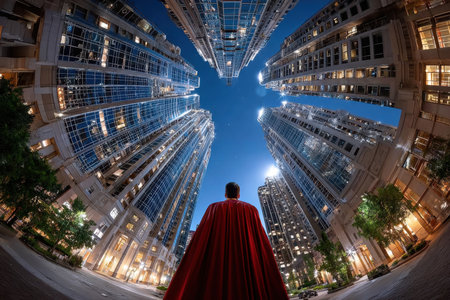 A superhero in a red cape stands in a city at night, looking up at skyscrapersの写真素材