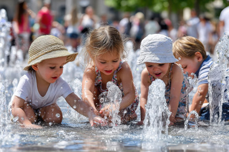 Young children splash water and laugh while playing in a fountain, enjoying a sunny day surrounded by people.の写真素材