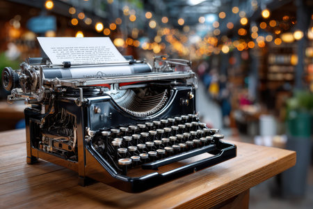 A vintage typewriter sits on a wooden table in a softly lit cafeの写真素材