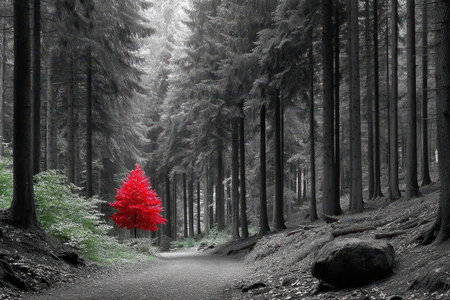 A high-contrast, infrared shot of a dense forest, taken with a telephoto lens, creating a sense of otherworldliness and isolation, with a single, red leaf standing out amidst the monochromeの写真素材